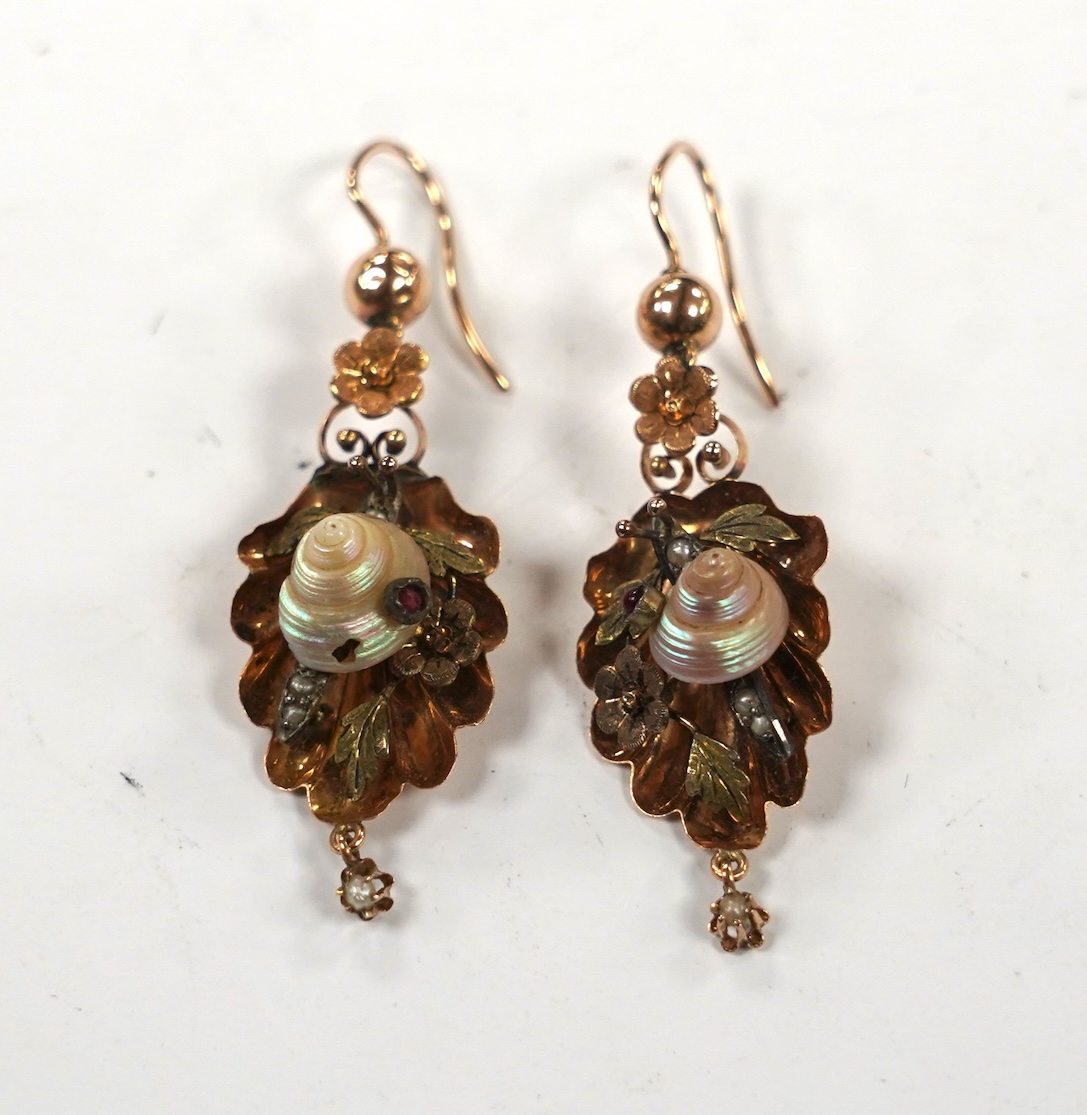 A pair of Victorian two colour yellow metal, cabochon gem and shell set drop earrings, each modelled as a snail upon a leaf, 38mm, gross weight 3.8 grams.